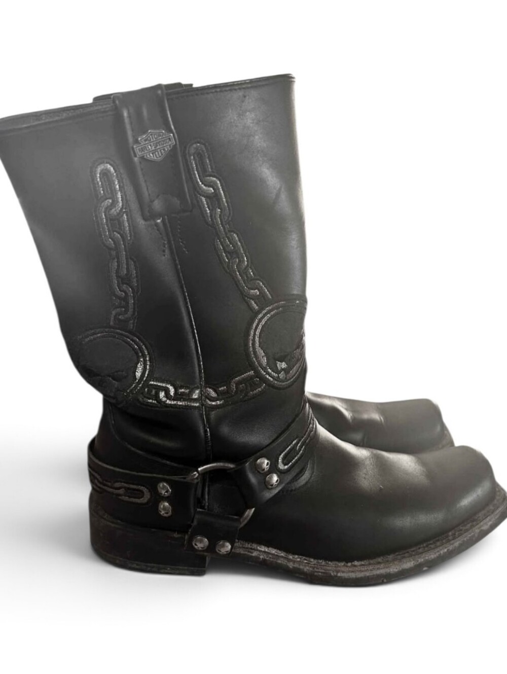 Vintage Harley Davidson Black Leather Willie G Skull & Chain Harness Biker Boots